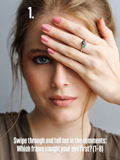 A simple gesture can be incredibly powerful in jewellery photography. Covering one eye draws immediate attention to the hand and the elegant ring, while the model's direct gaze creates a connection with the viewer.