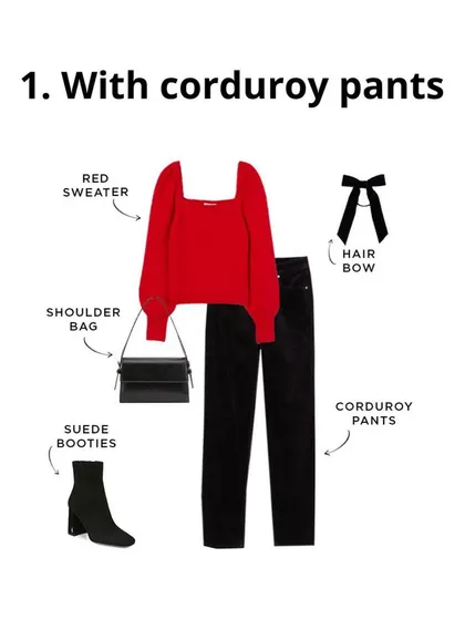 A red sweater paired with classic corduroy pants and suede booties is a perfect holiday look. The hair bow adds a sweet, festive touch.