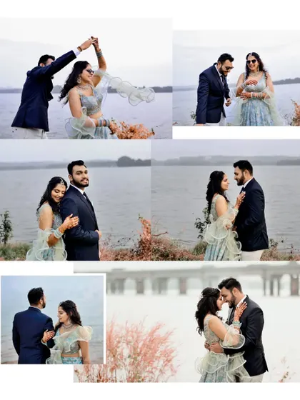 A full-page album layout from a pre-wedding shoot by the water, telling a story of the couple's day together.