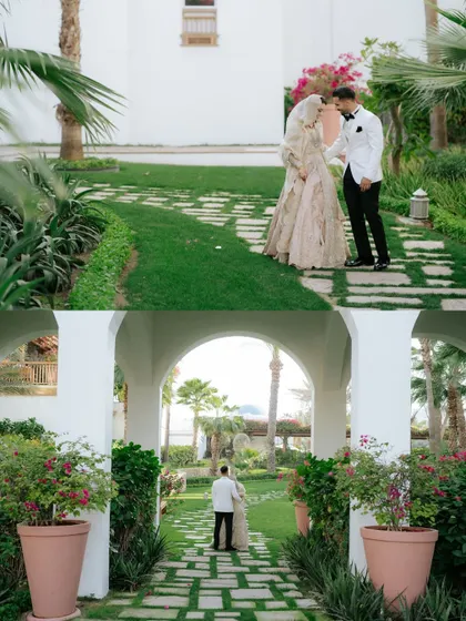 A collage showing the couple's first look and a walk through a scenic garden path.