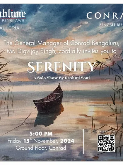 The invitation for 'Serenity', a solo show by Rashmi Soni at the Conrad Bengaluru, featuring a peaceful painting of a boat on calm water.