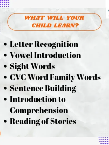 My phonics program for early learners covers all the essential building blocks of reading. Your child will learn everything from letter recognition and sight words to sentence building and an introduction to reading comprehension through stories.