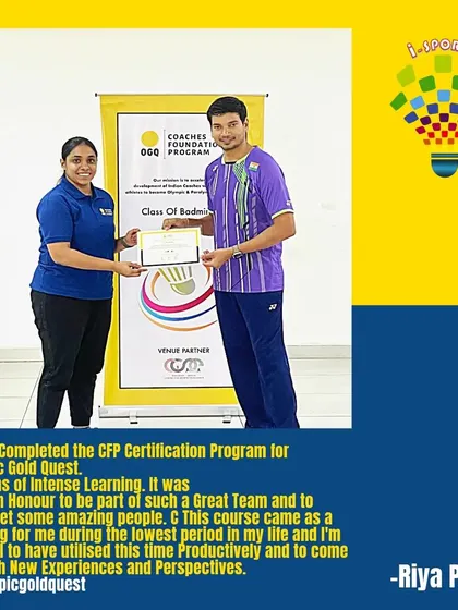 Riya Pillai receives her certificate after completing the 4-month intense learning program with Olympic Gold Quest, a blessing during a tough period.