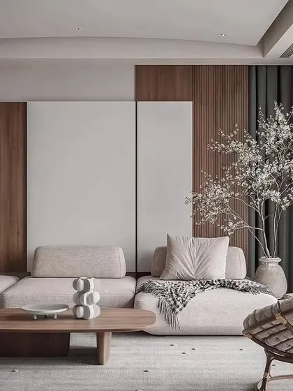 Another perspective of the minimalist living room, highlighting the seamless integration of natural textures and simple, elegant furniture.