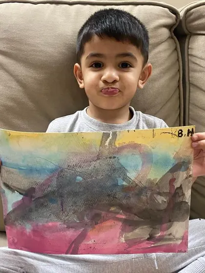 This abstract piece was created in our online class focused on colors. The student was free to explore blending and texture, resulting in a wonderfully expressive painting.
