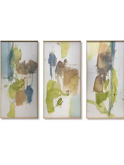 A mesmerizing trio of abstract watercolor prints by artist Jennifer Goldberger. The "Dusty Splash" series is framed here in our thin Osaka metal frames, letting the vibrant, swirling patterns take center stage.