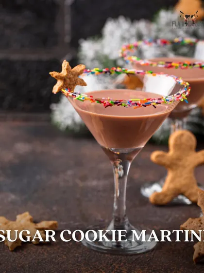 A festive Sugar Cookie Martini. This is the perfect holiday cocktail, rimmed with sprinkles and garnished with a gingerbread cookie.
