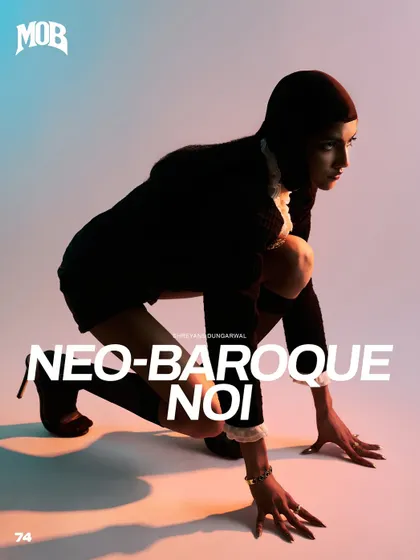 The title page for our "Neo-Baroque Noir" editorial in MOB Journal, setting the tone with a strong graphic and pose.