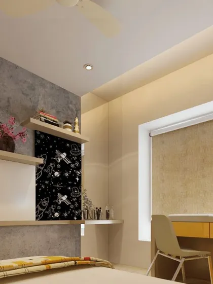 A bedroom with a space-themed accent shelf and a floating desk, perfect for a teenager or young adult.