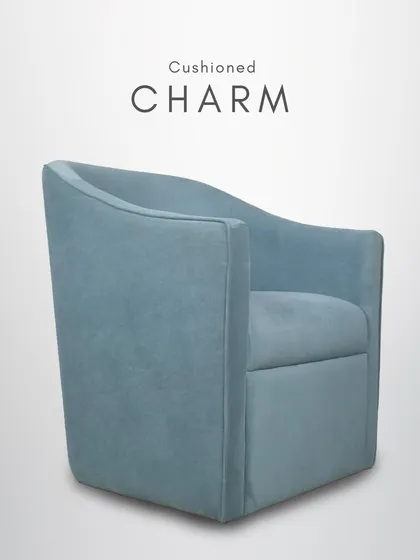 Cushioned charm. This light blue upholstered armchair features a modern, curved silhouette and a swivel base, making it a comfortable and versatile piece.