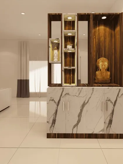 A sophisticated foyer unit combining dark wood and a white marble-finish laminate. The upper portion includes backlit display niches for showcasing decorative items.