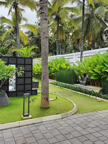 A wide view of a tropical-themed residential landscape we designed. The layout includes a paved driveway, curved lawn edges, and strategic placement of trees and shrubs like Plumeria and Calathea Lutea to create a resort-like feel.