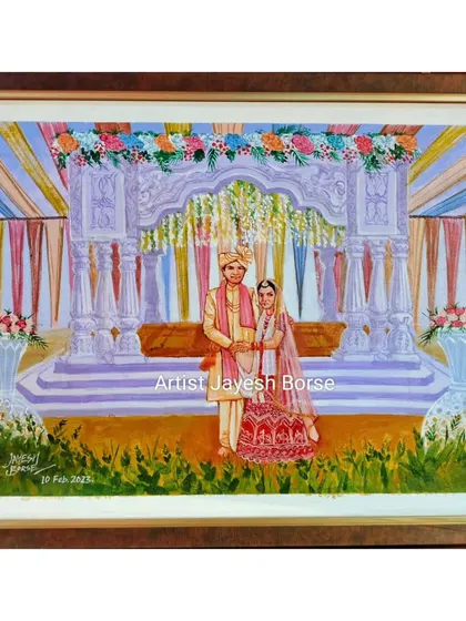 The completed live wedding painting, framed and ready for the couple. I paint the scene during the ceremony itself, capturing the couple against the backdrop of their mandap, creating a timeless piece of art from their special day.