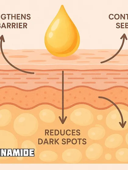 This diagram shows how Niacinamide works to strengthen the skin barrier, control sebum, and reduce dark spots, making it ideal for acne-prone and sensitive skin.