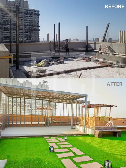 This transformation shows the installation of multiple pergola structures on a bare rooftop, creating designated zones for seating and recreation. The addition of artificial grass and pathway lighting completes the modern landscape design.