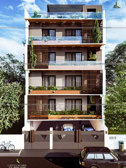 An elevation concept where the client's preference for a more traditional look with vertical green elements was incorporated. We always work to balance our design sensibilities with the client's vision.
