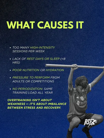 What causes overtraining? This infographic lists the primary culprits, including too many high-intensity sessions, lack of sleep, poor nutrition, and no periodization. It's an imbalance between stress and recovery.