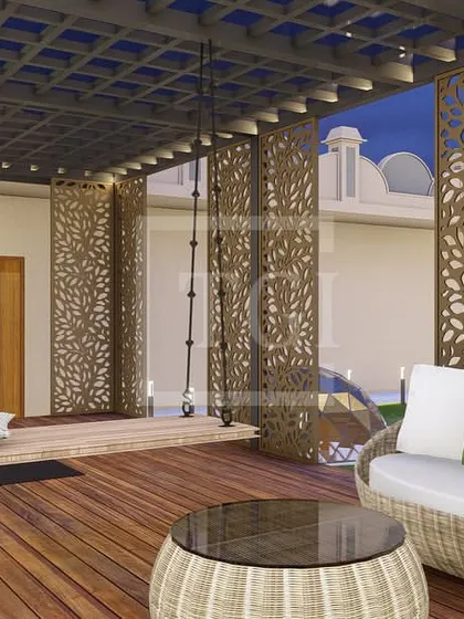 This render from the Jaipur project shows a multi-functional covered space, featuring a cozy seating area with a swing and an outdoor gym setup.