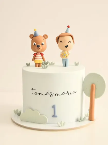 A simple and sweet cake for a first birthday. This minimalist design features cute toppers of a boy and a bear, perfect for a modern celebration.