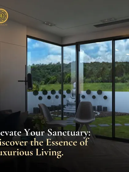 Elevate your sanctuary and discover the essence of luxurious living. A minimalist living room with a large window overlooking a serene garden.