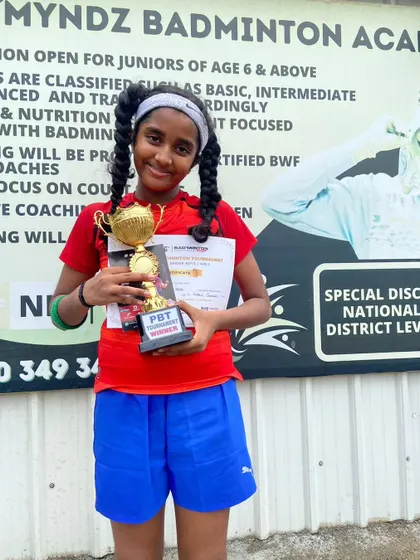 Rhea, another of our promising students from Fame Academy, celebrating her U-11 singles tournament victory.