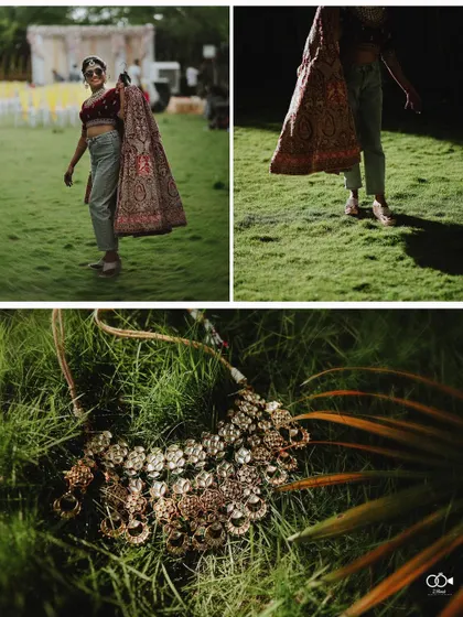 A collage showing the bride getting ready and a detail shot of her necklace on the grass.