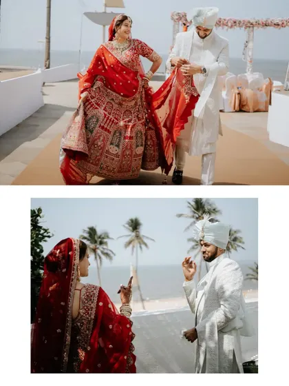 A collage of candid moments from a beach wedding. The couple's playful interactions and the beautiful seaside setting create a relaxed and happy story.