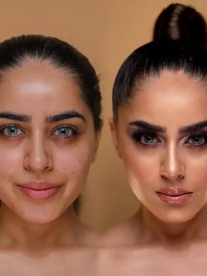 A side-by-side comparison showcasing a dramatic smokey eye and nude lip combination. This look is perfect for an evening reception or a high-fashion event, demonstrating skill in creating bold, impactful makeup.