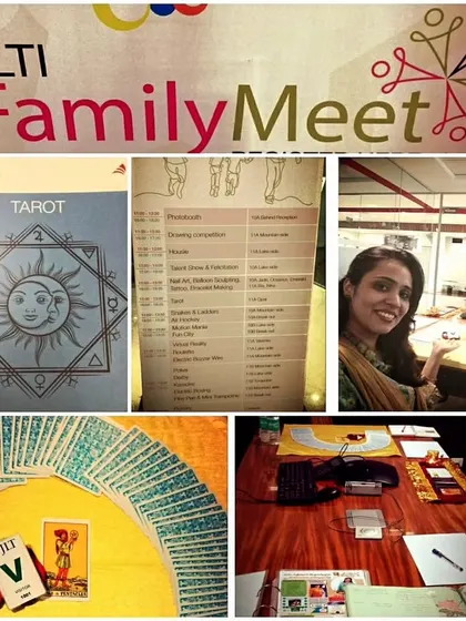 A collage showing my tarot table setup at a JLT Family Meet event. From corporate gatherings to personal sessions, tarot provides a unique way to connect and offer insight.