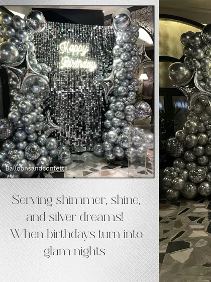 Serving shimmer, shine, and silver dreams. This Polaroid-style shot captures the fun, celebratory feel of our metallic birthday setups.