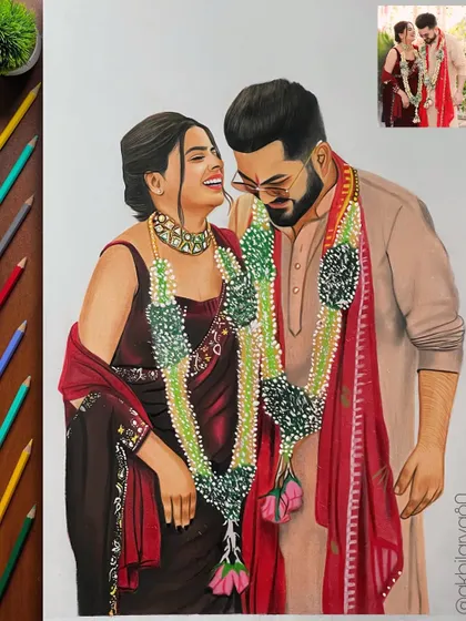 For this A3 size wedding portrait, I used colored pencils to highlight the rich colors of their garments and the festive garlands. It's a piece filled with the happiness of their special day.
