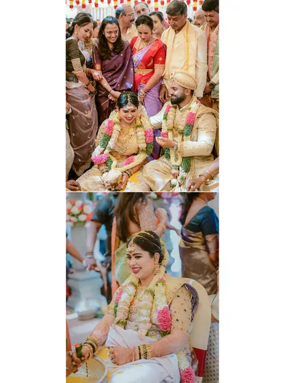 A collage of candid moments from the wedding rituals, offering glimpses of the custom outfits worn by the couple.