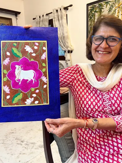 The smile of a proud student is our biggest reward. Here’s one of our adult learners beaming with joy after completing her beautiful Pichwai painting, a traditional Indian art form we love to teach.
