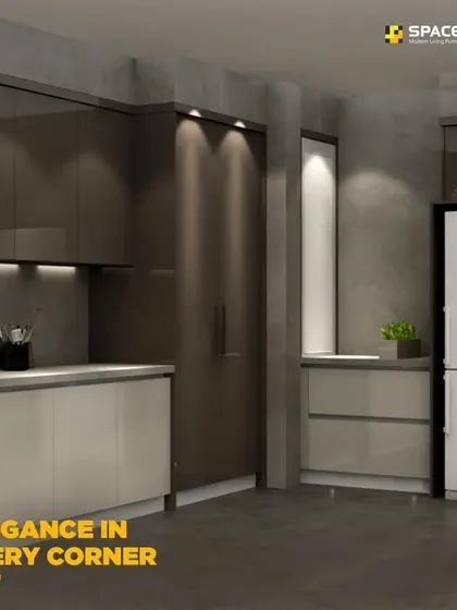 Elegance is found in every corner of this minimalist kitchen design. The two-tone scheme with light lower cabinets and dark, glossy upper cabinets creates visual interest, while the handleless design maintains a clean, uninterrupted flow.