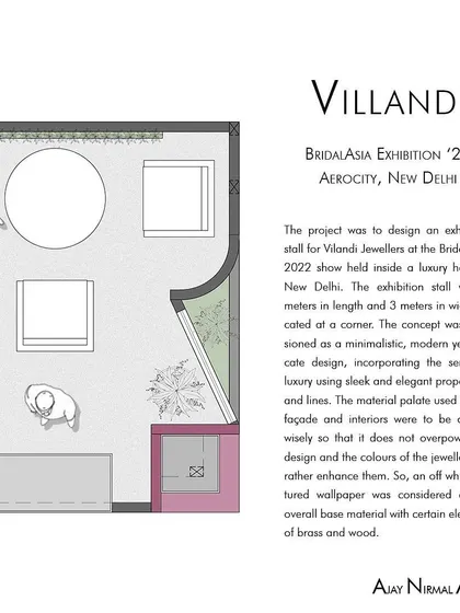 A presentation sheet combining a partial floor plan with a project description for the Villandi '22 stall. This format is used to communicate the core concept and spatial strategy to the client.