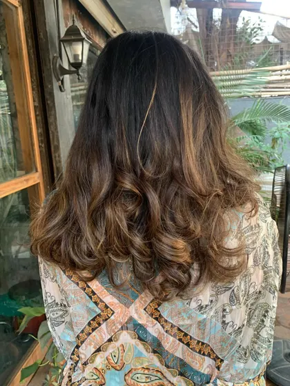 A before shot for the 'Swirled Chocolate Butterscotch' look, showing the hair prior to toning and adding new dimension.