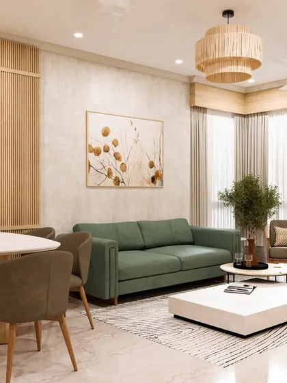 A wide view of the Japandi-style living and dining room 3D render, highlighting the fluted paneling, rattan chandelier, and clean, muted tones.