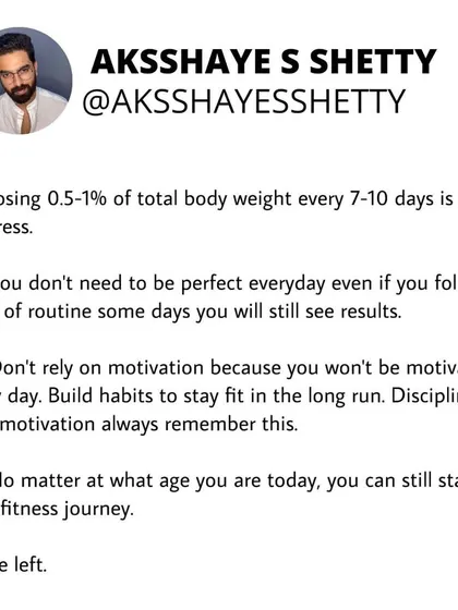 A healthy rate of weight loss is 0.5-1% of your total body weight every 7-10 days. You don't need to be perfect; 80% consistency will still yield results. And you can start your fitness journey at any age.