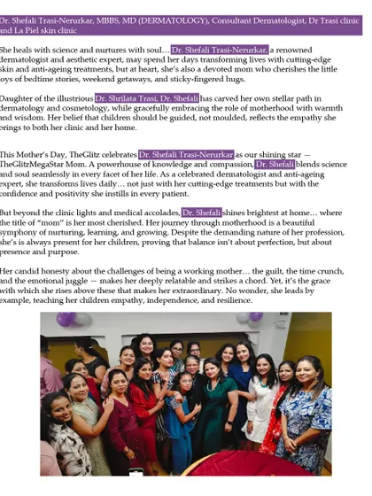 The Glitz Media article celebrates me as a powerhouse of knowledge and compassion. It highlights how I balance my role as a dermatologist with my most cherished role as a mom.