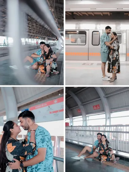 A unique and modern pre-wedding shoot at a metro station. The candid poses on the platform create a cool, urban love story.