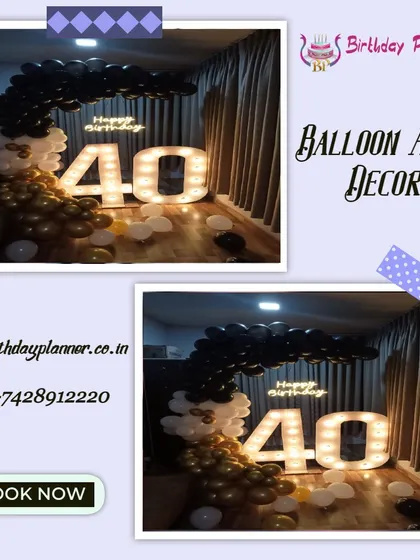 Celebrating the big 4-0 with a sleek black, white, and gold theme. This setup includes large marquee numbers, a "Happy Birthday" neon sign, and a dramatic balloon arch, perfect for a surprise party at home.