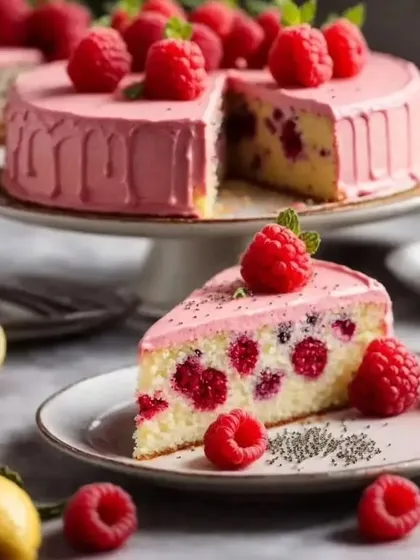 A slice of our Lemon and Raspberry Poppyseed cake, a perfect balance of tangy and sweet flavours with a lovely texture.