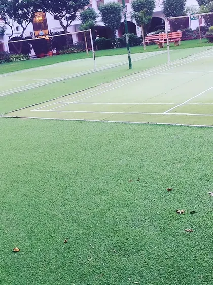 I also install artificial turf for sports. Here is an artificial grass badminton court, which provides a consistent and low-maintenance playing surface.