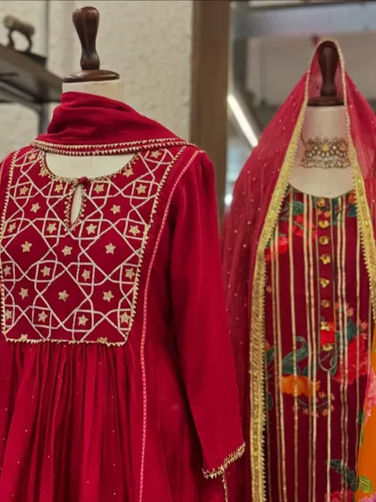 The rich texture of velvet paired with intricate gold embroidery. This look is perfect for a bride's trousseau or for attending a winter wedding in style.