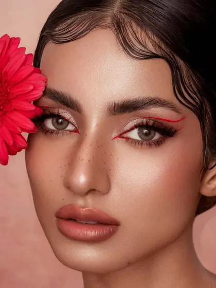 A slightly softer take, this shot highlights the glossy lips and the subtle glow on the skin. The graphic liner remains the hero, but the overall feel is more romantic and less severe, showing versatility within a single concept.