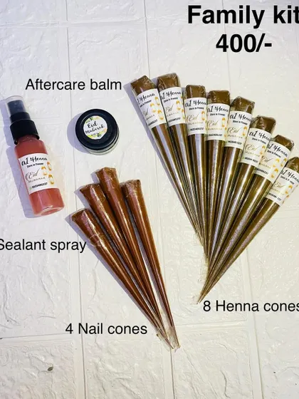 Prepare for Eid with my Family Kit, which includes 8 henna cones, 4 nail cones, and aftercare products to share with loved ones.
