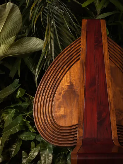 Various angles of the Vismayam chair, showcasing its intricate details, the contrast of different wood grains, and its powerful, sculptural presence. Each view offers a new perspective on this piece of collectible, art-inspired furniture.