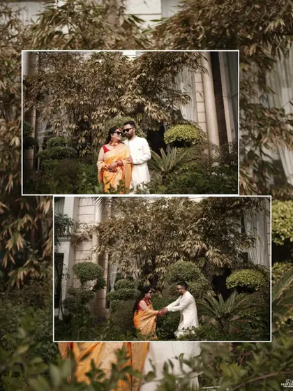 An artistic collage framing the couple's portrait with natural foliage, adding a creative touch to their Haldi photoshoot.