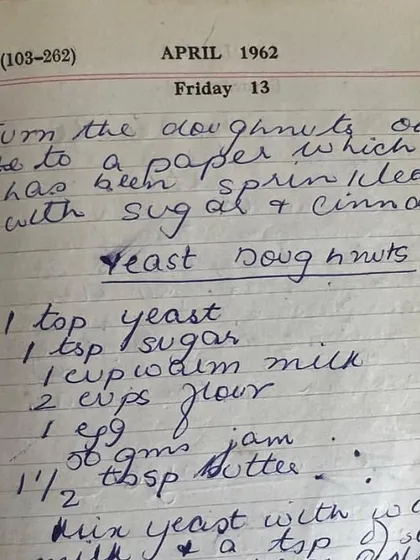 A recipe for 'yeast doughnuts' right next to the one for cake doughnuts. You can see the evolution of a family's baking experiments.