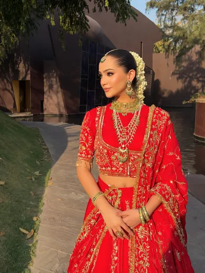 This profile shot highlights the intricate embroidery on the blouse and the stunning multi-layered necklace, key elements of a classic bridal trousseau.